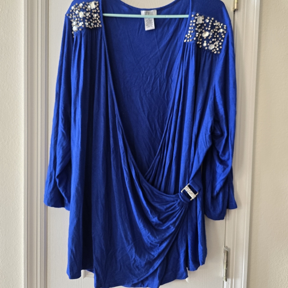 Blue fancy long sleeve shirt with rhinestone buckle and sleeves size 2XL